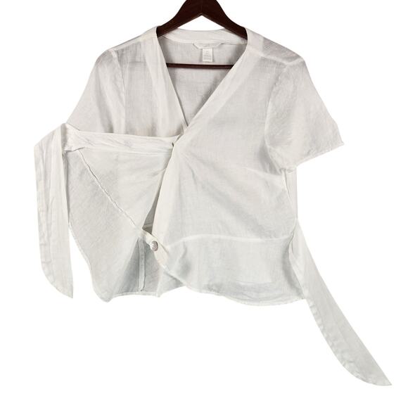H&M 100% Linen Peplum Wrap Blouse Women’s SZ 8 White Tie Pearl Buttons EUC - Picture 3 of 14